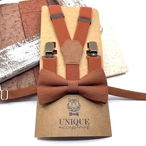 Burnt Orange Linen Bowtie and Suspenders Set: Antique Metal Clip