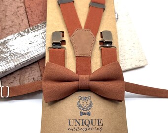 Burnt Orange Linen Bowtie and Suspenders Set: Antique Metal Clip