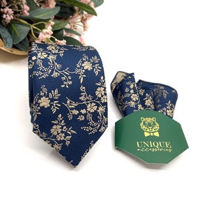 Soft Gold floral necktie, Navy Mens Neckties, Groom tie, Pocket Square Handkerchief Option, Wedding Necktie, Pocket Square Set