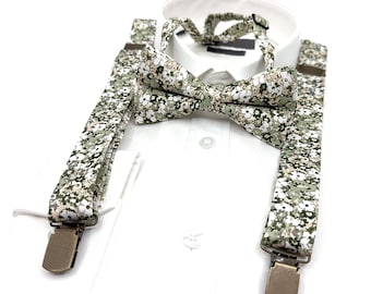 Dusty Pale Green Floral Suspenders, Pale Green Bowtie, Suspender Bowtie, Wedding Floral Suspenders, Groomsmen Suspenders, Ring bearer outfit