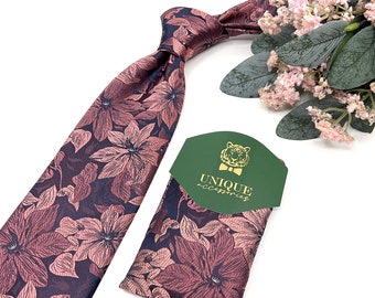 Cravate florale rose poudré, cravates pour hommes bleu marine, cadeau de garçon d'honneur, cravates de mariage, cravate de Goom, même assorti, ensemble de mouchoir de poche