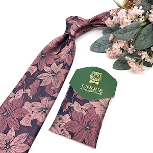 Dusty rose floral necktie, Navy mens neckties, Groomsmen Gift, Wedding Neckties, Goom Necktie, Same matching, Pocket square set