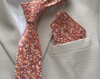 Rust Terracotta Speckled Tie Set, Rustic Wedding Groomsmen Tie