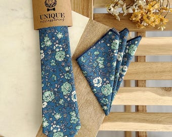 Navy Blue Floral Necktie: Sage Green Rustic Wedding Tie