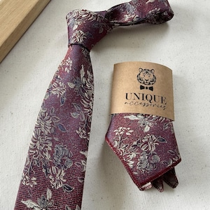Burgundy Beige Floral Tie & Pocket Square, Wedding Necktie