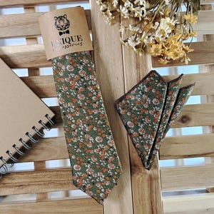 Brunt orange floral necktie, Green Mens Neckties, Groom tie, Pocket Square Handkerchief Option, Wedding Necktie, Pocket Square Set
