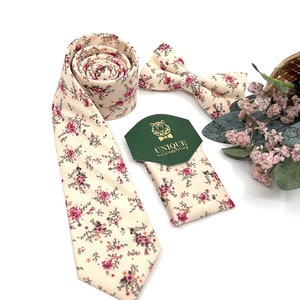 Tan Necktie, Floral Neckties, Wedding Floral Neckties, Groom necktie, Groomsmen Necktie, Groomsmen Gift tie, Same Matching Pocket Square