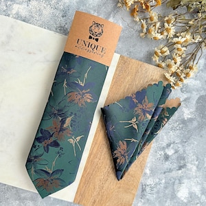 Emerald Green Floral Tie: Jacquard Copper Flower Necktie