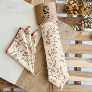 Cream Floral Necktie and Pocket Square Set, Terracotta Floral Wedding Tie, Rustic Groomsmen Tie, Boho Groom Accessories