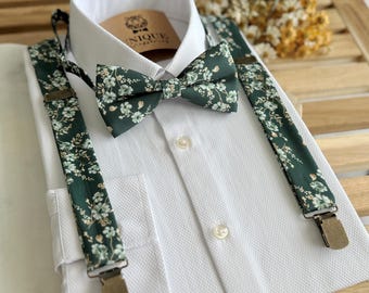 Dark Green Suspenders and Floral Bow Tie Set, Groomsmen Set, Rustic Wedding Bowtie, Garden Wedding Suspenders, Groom Gift