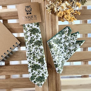 Green Floral Necktie: Olive Wedding Groomsmen Tie