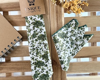Green Floral Necktie: Olive Wedding Groomsmen Tie