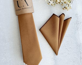 Caramel Brown Tie & Pocket Square Set: Rustic Wedding Groomsmen Necktie