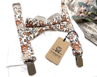 Terracotta Floral Suspenders, Terracotta Bow tie, Suspender Bowtie, Wedding Floral Suspenders, Groomsmen Suspenders, Ring bearer outfit