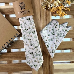 Dusty Pale Green Floral Necktie: Wedding Groomsmen Tie