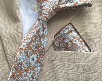 Terracotta Floral Tie Set, Rustic Wedding Groomsmen Tie, Boho Necktie