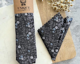 Black Floral Tie Set, Wedding Necktie & Pocket Square with Dusty Blue White Flowers