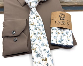 Dusty Blue Floral Necktie: Men's Wedding Groom Groomsmen Tie