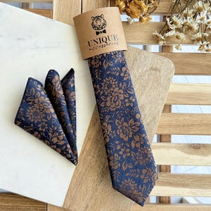 Navy Blue & Copper Floral Necktie Set: Rustic Wedding Groom Accessories