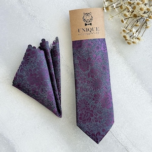 Plum Purple Floral Tie & Pocket Square Set: Rustic Wedding Necktie