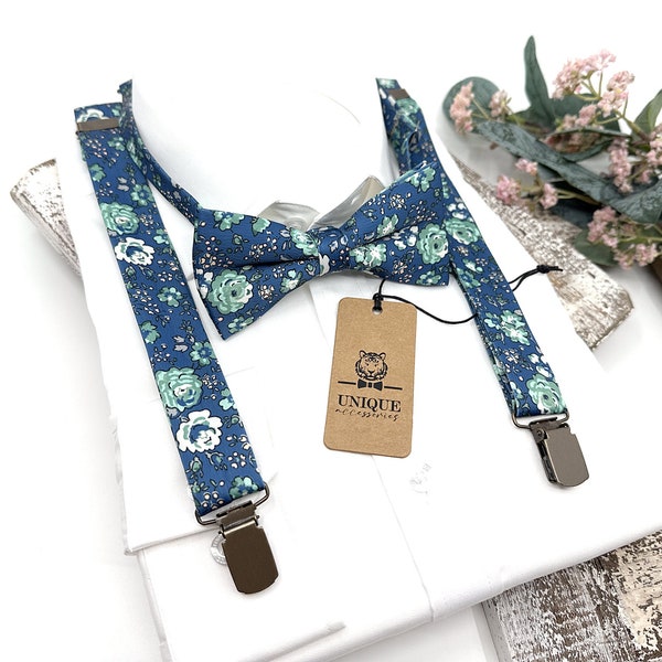 Navy Blue Suspenders, Sage Green Floral Bow tie, Suspender Bow tie, Wedding Floral Suspenders, Groomsmen Suspenders, Ring bearer outfit