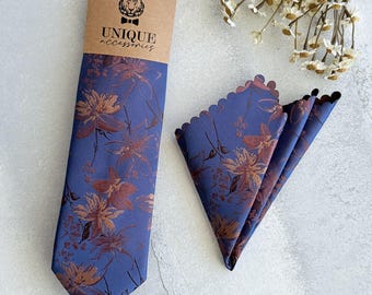Navy Blue Copper Floral Tie & Pocket Square Set: Wedding Necktie Gift