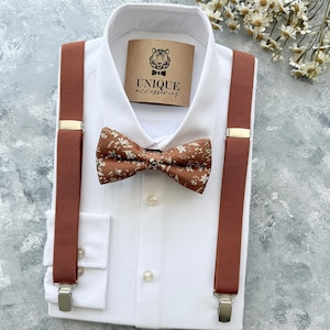 Rust Floral Bow Tie and Suspenders Set: Boho Ring Bearer Outfit