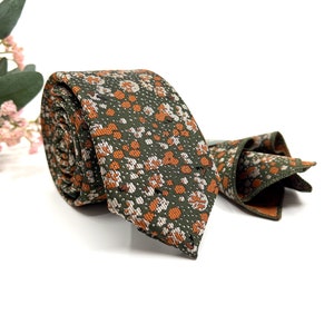 Brunt orange floral necktie, Green Mens Neckties, Groom tie, Pocket Square Handkerchief Option, Wedding Necktie, Pocket Square Set