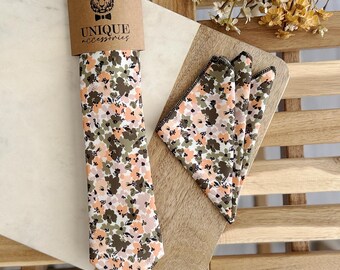 Orange & Green Floral Necktie: Wedding Groomsmen Gift Tie
