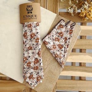 Rust Brown Floral Tie and Pocket Square Set: Boho Wedding Necktie