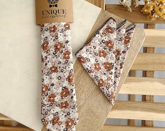 Rust Brown Floral Tie and Pocket Square Set: Boho Wedding Necktie