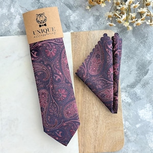 Purple Paisley Tie and Pocket Square Set - Wine Red Groomsmen Necktie