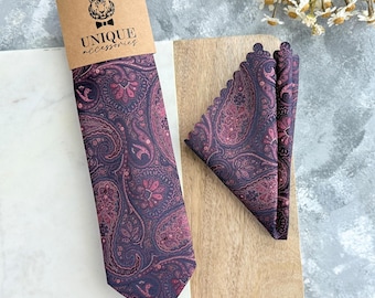 Purple Paisley Tie and Pocket Square Set - Wine Red Groomsmen Necktie