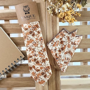 Rust Orange Floral Necktie, Ivory Men Necktie, Wedding Floral Ties, Groomsmen Floral Necktie, Groom Gift Tie, Weddings Tie