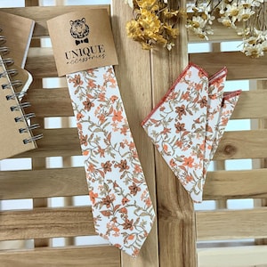 Copper Orange Floral Necktie, Terracotta Tie, Wedding Tie, Groomsmen Tie, Handmade Skinny Tie, Autumn Wedding Accessory