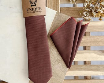 Rust Brown Necktie & Pocket Square Set: Rustic Wedding Groom Tie