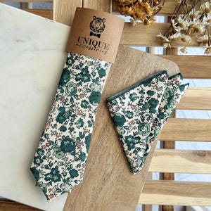 Dark Green Floral Necktie: Rustic Wedding Groom Accessory