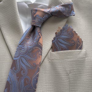 Dusty Blue Burnt Orange Paisley Tie Set, Rustic Wedding Groomsmen Tie