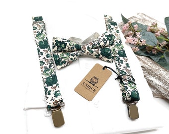 Dark Green Floral Suspenders, Floral Suspender, Suspender Bowtie, Wedding Floral Suspenders, Groomsmen Suspenders, Ring bearer outfit