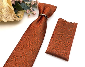 Burnt orange necktie, Floral Mens Neckties, With Matching, Burnt Necktie, Pocket Square Handkerchief Option, Mens Necktie, Pocket Square Set