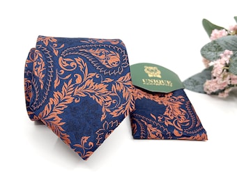 Orange Paisley Necktie, Navy necktie, Groom necktie, Wedding tie, Mens necktie, Same Matching Pocket Square