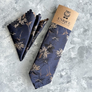Navy Floral Necktie and Pocket Square Set, Bronze Flower Wedding Tie for Groom, Elegant Groomsmen Gift Idea