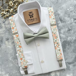 Dusty Sage Bow Tie & Floral Suspenders Set: Rustic Wedding Outfit