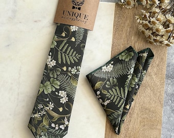 Tropical Floral Necktie & Pocket Square Set: Forest Green Wedding Groomsmen Tie