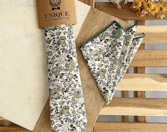 Green Floral Necktie & Pocket Square Set: Garden Wedding Groomsmen Tie