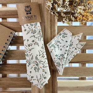 Ivory Floral Necktie: Olive Green Wedding Groomsmen Tie