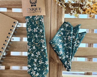 Floral Dark Green Necktie: Wedding Groomsmen Tie