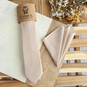Beige Linen Necktie and Pocket Square Set: Rustic Wedding Accessories