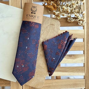 Navy Burgundy Floral Necktie & Pocket Square Set: Boho Wedding