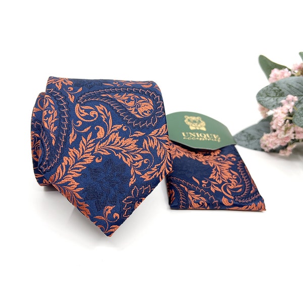 Orange Paisley Necktie, Navy necktie, Groom necktie, Wedding tie, Mens necktie, Same Matching Pocket Square